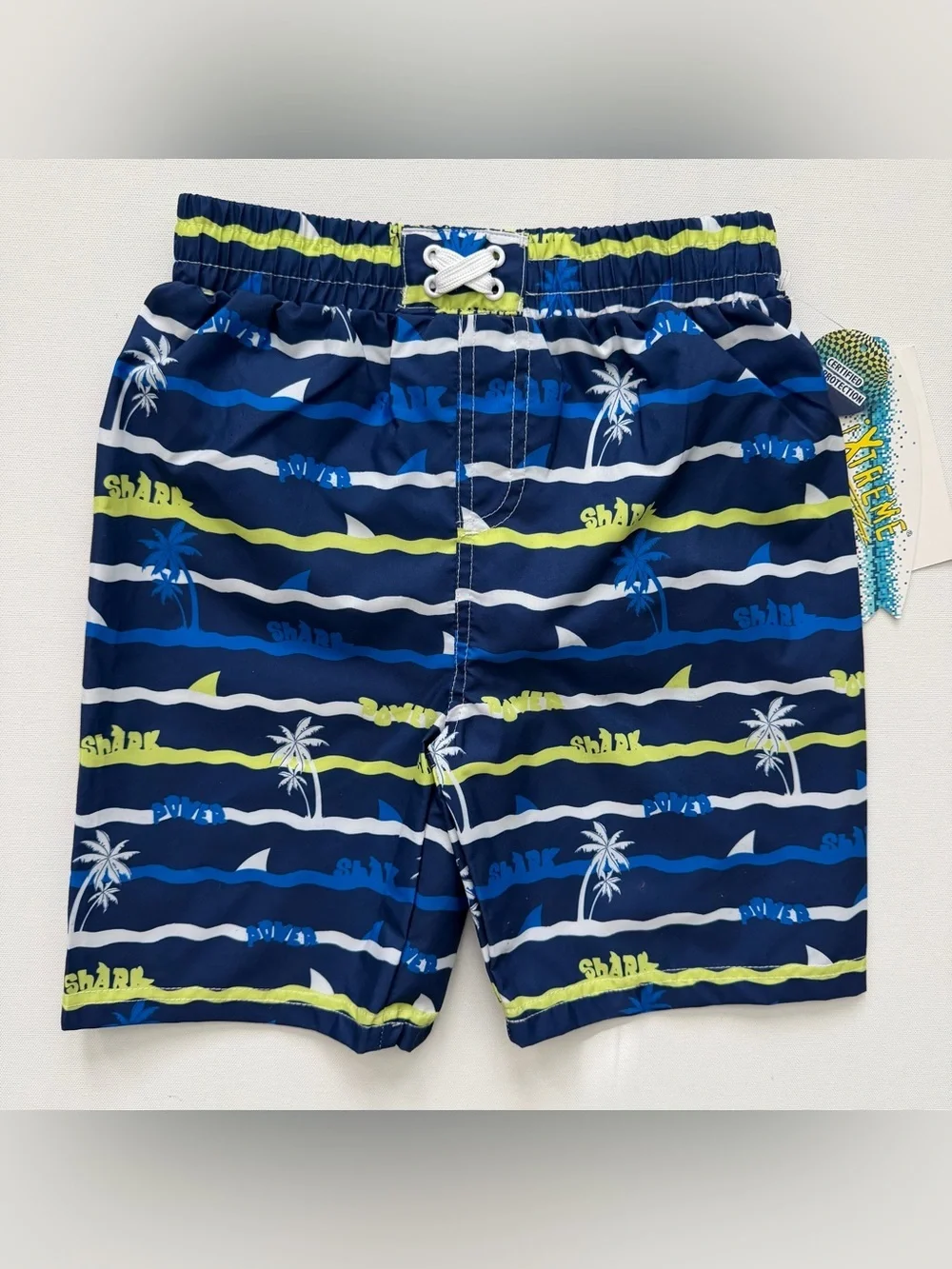 XTREME Navy Shark & Palm Print Swim Shorts with Lime Accents Size 6 Boys